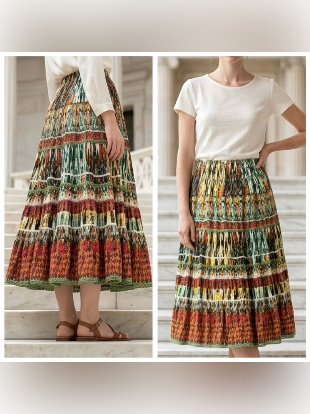 Notations Women Y2K Plus Sz 1X Boho crochet trim Tiered Midi Skirt in Multicolor